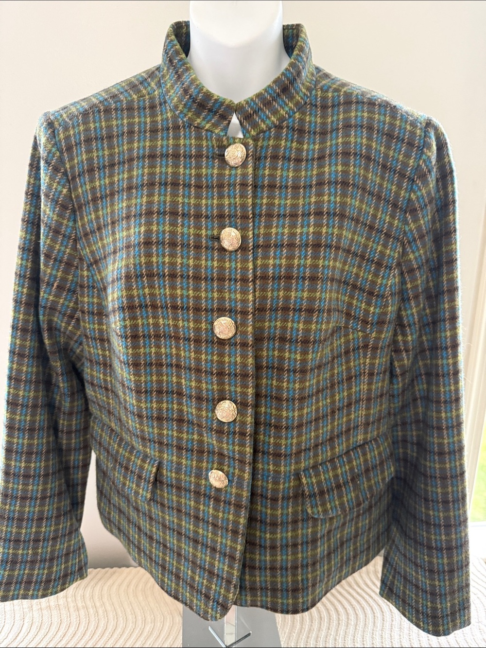 Talbots Olive Multi Plaid Stand Collar Blazer with Gold Buttons